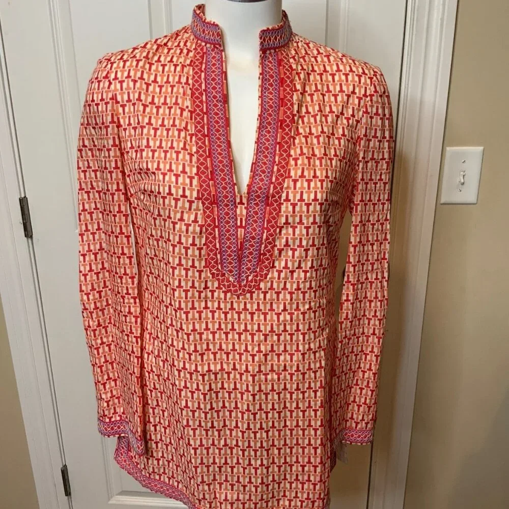 Tory Burch Pink Red T Embroidered Tunic Top, Size 2